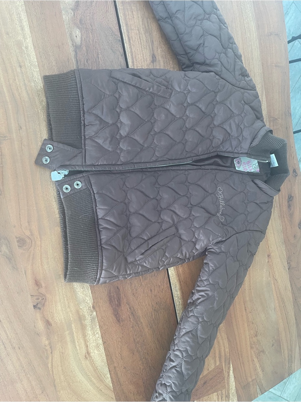 Girls' Quilted Brown Puffer Jacket with Heart Stitching